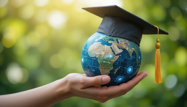 Hand holding glowing world globe with black graduation cap symbolizing global education international scholarship and academic success achievement worldwide
