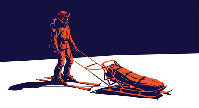 Stylized skier, helmeted, goggles on, pulls orange rescue sled across white snow