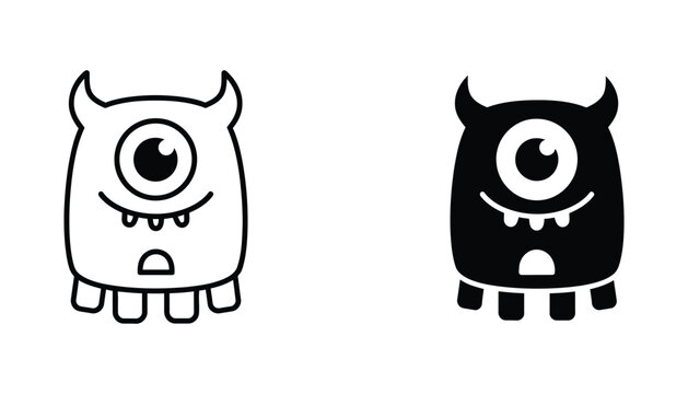 Cute cyclops monster silhouette and line art icon set isolated on white background for gaming and fantasy design