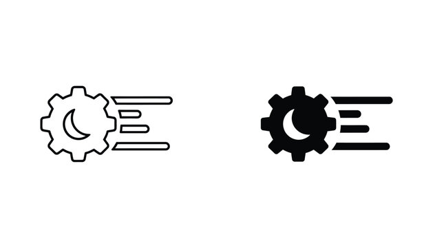 Gear with crescent moon icon set in outline and solid black style for night mode settings
