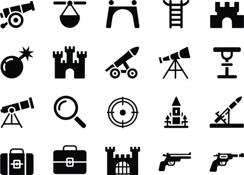 Siege Warfare Black Icons Featuring Cannons, Catapults, Defensive Fortifications and Tactical Combat Illustration