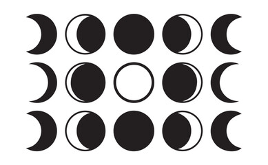 Fototapeta premium Lunar cycle icons series showing different moon phases in black flat vector art silhouette.
