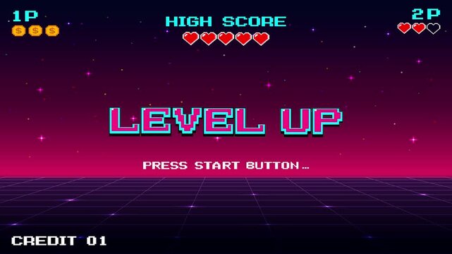 LEVEL UP icon pixel art 8 bit game. Retro Futurism Sci-Fi Background. glowing neon grid and stars from vintage arcade computer games