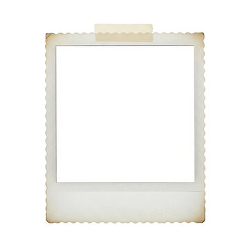 Vintage polaroid frame with scalloped edges and adhesive tape on white background