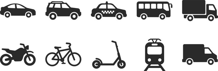 Collection of Black Transportation Icons Cars, Bus, Truck, Motorcycle, Bicycle, Scooter, Train © snoobcat