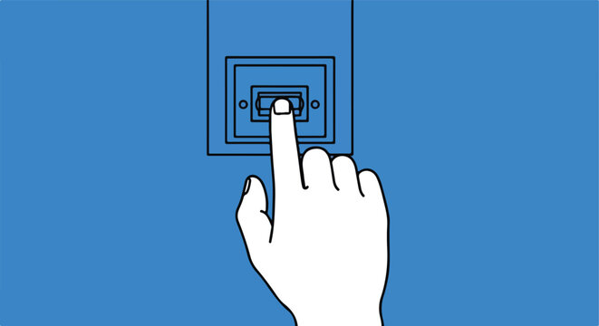 White hand's index finger presses a rectangular button with black outline on blue wall