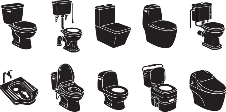 Diverse Collection of Toilet Silhouette Icons Featuring Modern Water Closet, Traditional Squat Toilet, Portable Commode, and High-Tech Bidet for Plumbing Design