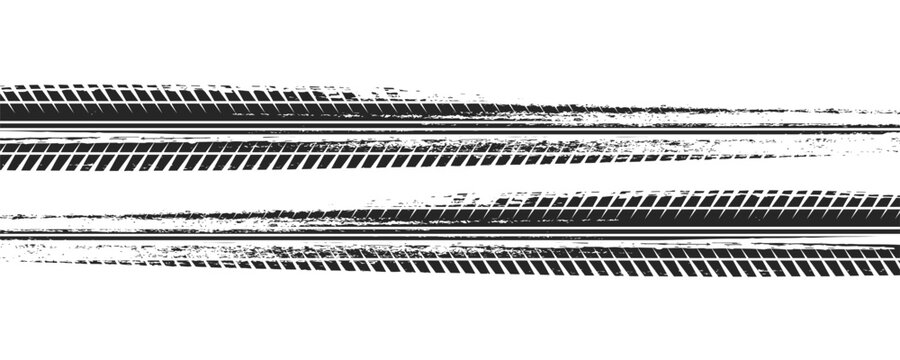 Black tire marks on road, Black rubber tire marks and tread marks, Tire trace track wheels texture and background, Auto tire tread grunge, Car wheel tyre tread track black tyre print, Top view.