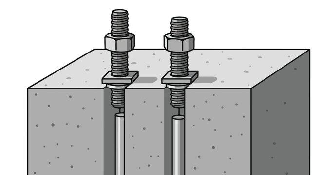 Two anchor bolts with nuts and washers securing into a concrete block, cross-section view