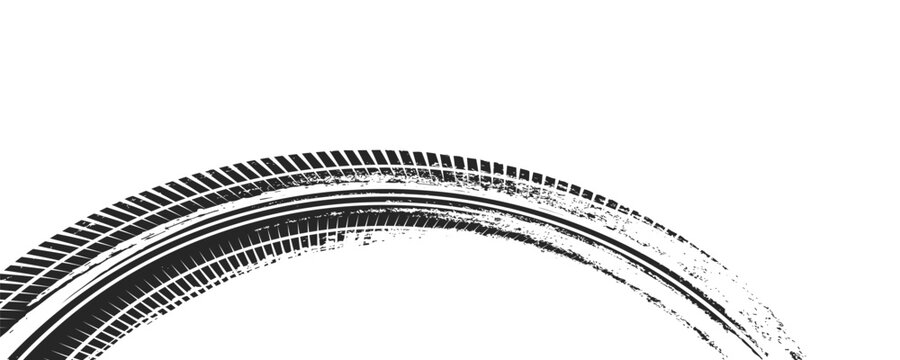 Black tire marks on road, Black rubber tire marks and tread marks, Tire trace track wheels texture and background, Auto tire tread grunge, Car wheel tyre tread track black tyre print, Top view.