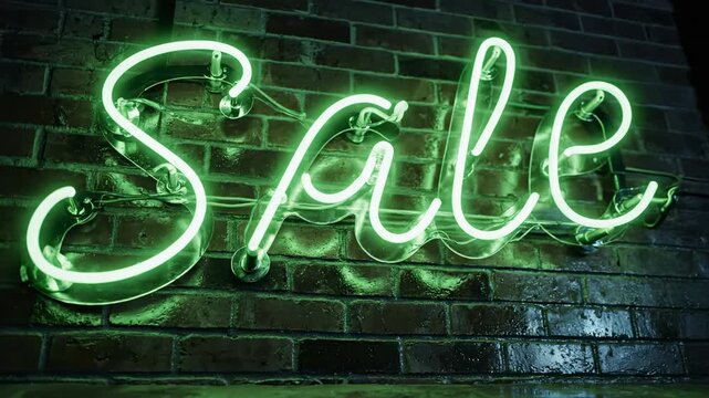 Green neon sale sign glowing on a dark brick wall for retail promotion and marketing.