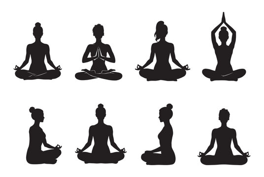 Yoga Meditation Silhouette Set Vector, Women Yoga and Relaxation Poses Collection Isolated on White