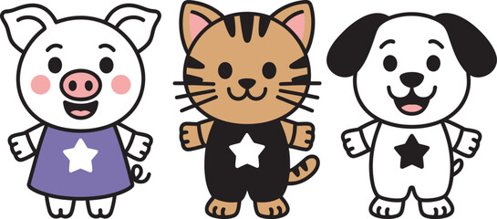 Obraz premium Three, cartoon children wearing star badges in purple brown and gray outfits in playful illustration style ideal for educational materials, group identity themes, and kids’ character design projects.