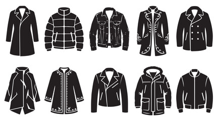 Professional Collection of Outerwear Silhouette Icons Featuring Winter Trench Coats Puffer Jackets Denim Jackets Leather Biker Jackets and Parkas for Fashion Apparel Design © arif