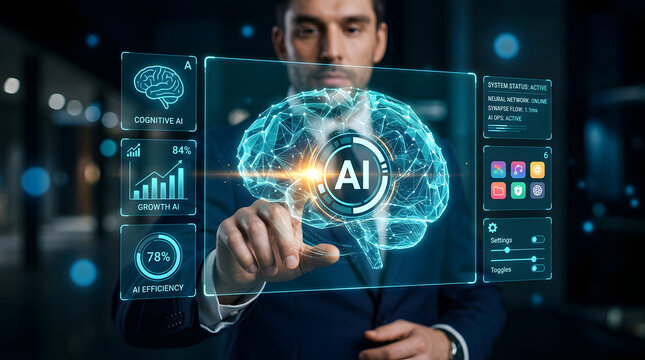 Technological touch: A focused professional, elegantly attired in a suit, navigates an expansive digital display. The interactive screen showcases a representation of the brain.