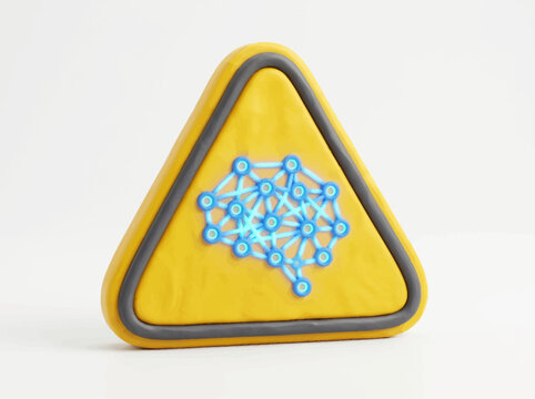 3D Rendering of a Yellow Warning Sign Featuring a Glowing Blue Neural Network Brain Icon for Halloween Safety and AI Innovation