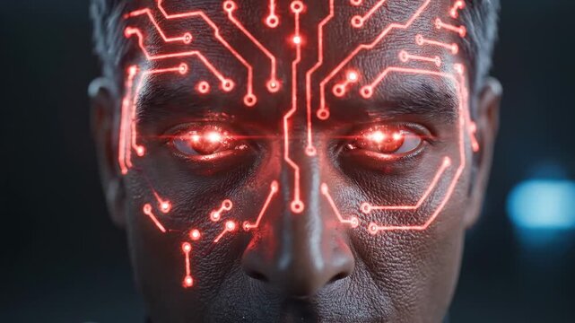 Futuristic portrait of a man with glowing red digital circuit patterns on his face representing artificial intelligence.