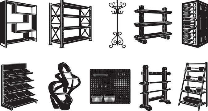 Professional Furniture and Shelving Icon Set Featuring Modern Bookshelf Industrial Racks Coat Stand Server Cabinet Display Shelves and Ladder Storage Unit