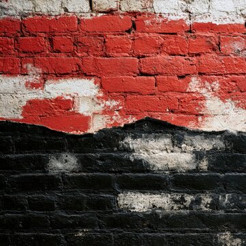 Distressed brick wall with peeling white, red, and black paint creating an urban grunge texture.