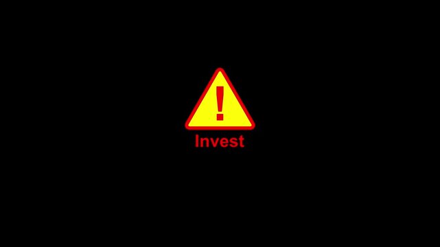 Investment warning alert icon with yellow triangle and exclamation mark, finance risk notification symbol on black background for business and trading.