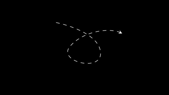 White dashed line path with loop and arrow on black background, minimalist geometric motion trail vector icon for navigation and direction 4k video animation.