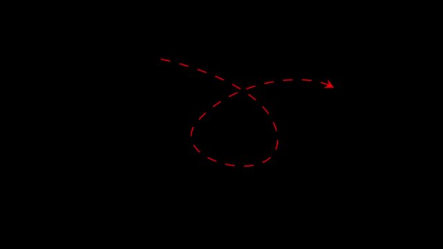 Red dashed line path with loop and arrow on Black background, minimalist geometric motion trail vector icon for navigation and direction 4k video animation.