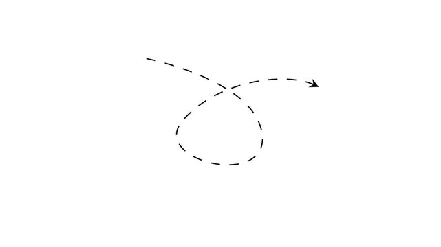 Black dashed line path with loop and arrow on white background, minimalist geometric motion trail vector icon for navigation and direction 4k video animation.