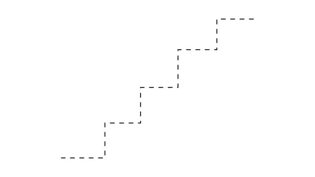 Abstract black dashed line staircase path on white background, minimalist geometric step up vector icon for business growth and progress 4k video animation.