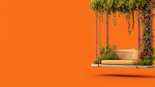 Vibrant Teej Festival decorations adorn a colorful swing amidst lush greenery and flowers.