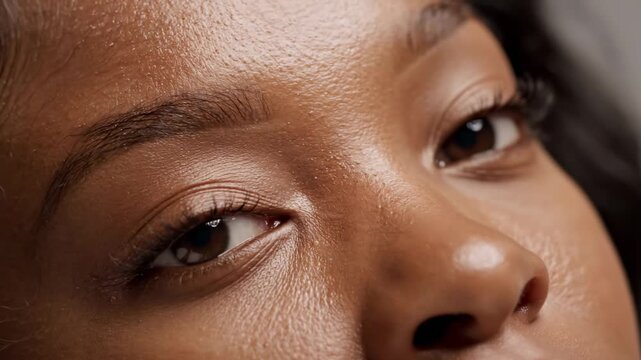 Extreme close up of a young black woman with glowing healthy skin and glossy lips for skincare and beauty concepts.