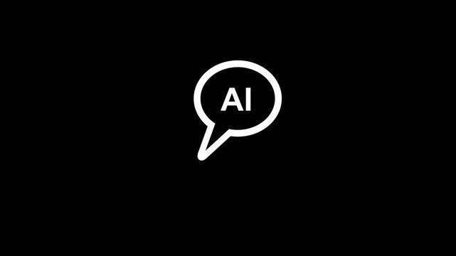 Artificial intelligence AI SMS chat bubble icon, minimalist white speech bubble with text on black background for smart messaging and chat bot assistant.