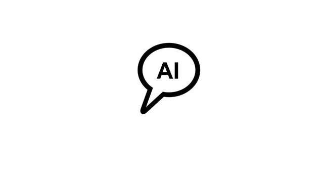 Artificial intelligence AI SMS chat bubble icon, minimalist white speech bubble with text on white background for smart messaging and chat bot assistant.