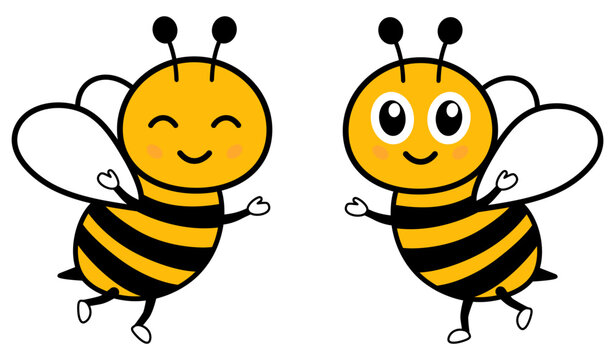 Charming bumblebee mascot in kawaii style with joyful face. Playful honey bee lover characters set. Vector illustration isolated on white.
