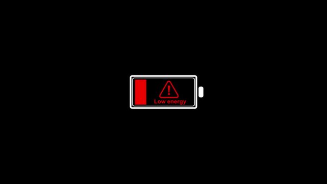 Low battery energy warning icon with red alert triangle sign, minimalist power level indicator on black background for mobile and digital interface.