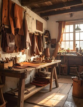Traditional Leather Workshop Interior Scene.