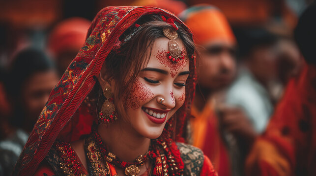 Woman celebrating Teej Festival in traditional attire with vibrant red clothing and accessories