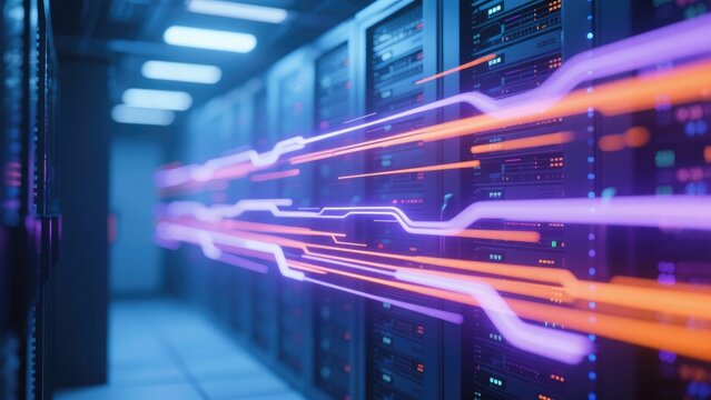 High speed data transfer flowing through enterprise server racks in futuristic data center environment, idea for cloud computing, AI infrastructure, network technology marketing