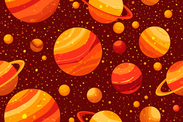 Seamless pattern with red planets and stars in textured vector style background. © Andrew