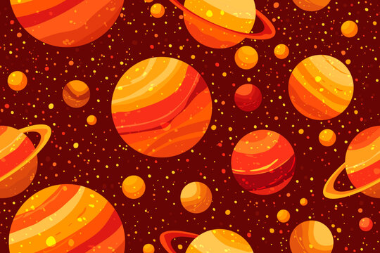 Seamless pattern with red planets and stars in textured vector style background.