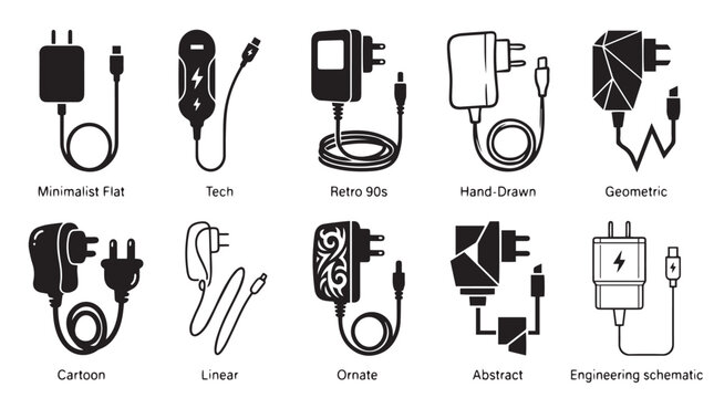 Set of Power Adapter and Charger Icons Featuring Minimalist, Tech, Retro, Geometric, Hand-Drawn, and Engineering Schematic Styles for Professional Electronic Product Design, Vector