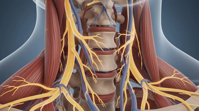 Detailed 3d medical illustration of the human neck anatomy showing spine nerves and muscles.