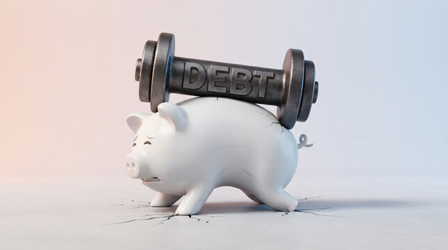 Heavy metal dumbbell labeled debt crushing a sad white piggy bank