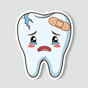 A kawaii-style cartoon sticker of a crying tooth character with tears streaming down its face, a chipped corner, cracks and a bandage &mdash; depicting a severely damaged, chipped or painful tooth in a cute