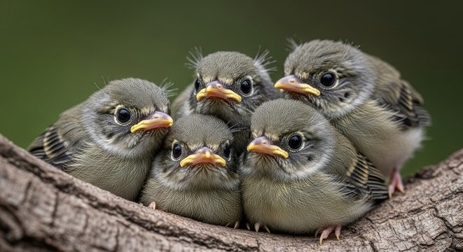Five small fledgling birds huddled together closely upon a rough tree branch