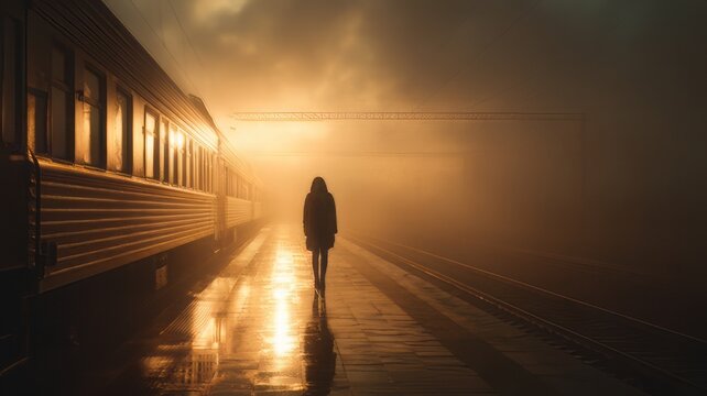 Silhouette of a woman on a misty train platform bathed in the warm, golden light of an approaching locomotive