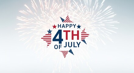 Obraz premium Happy 4th of July graphic with American flag stars and fireworks celebration on a bright sky background, patriotic holiday design element
