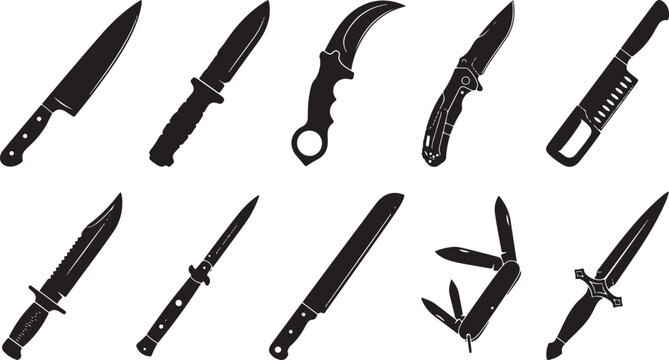 Set of Tactical Knife and Blade Silhouettes, Featuring Karambit, Bowie Knife, Pocket Tool, and Survival Dagger Illustrations for Professional Graphic Design and Combat Gear, Vector