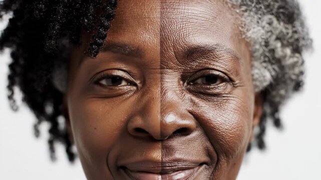 This features a striking split-face portrait of a senior African American woman, with one side of her face aged and the other side youthful, set against a plain white background. The highlights age