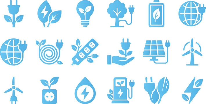 Collection of blue energy and environment icons representing sustainability and power.