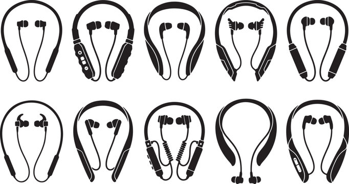 Set of Wireless Neckband Bluetooth Earphone Icons, Professional Vector Silhouette Illustrations of Modern Audio Hardware and Sport Headphones for Technology Design